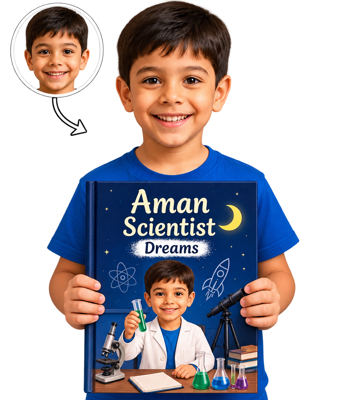 A child holding a personalised Aman Scientist Dreams storybook