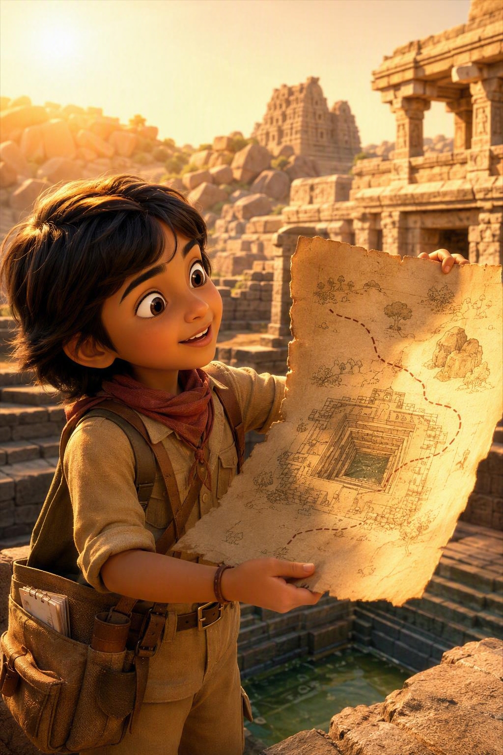 Illustration for Little Archaeologist, featuring a young Indian child as an archaeologist.