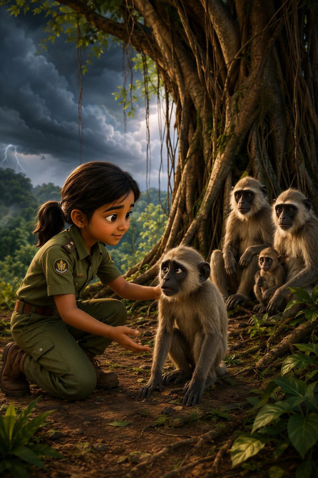 Illustration for Little Forest Officer, featuring a young Indian child as a forest officer.