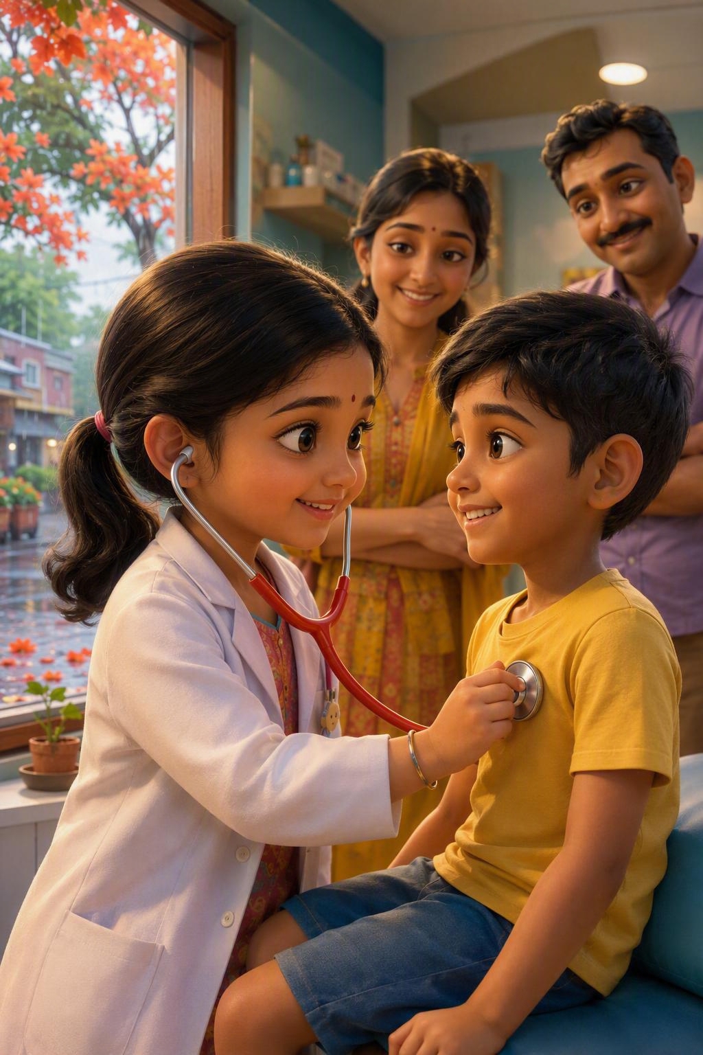 Illustration for Little Doctor, featuring a young Indian child as a doctor.