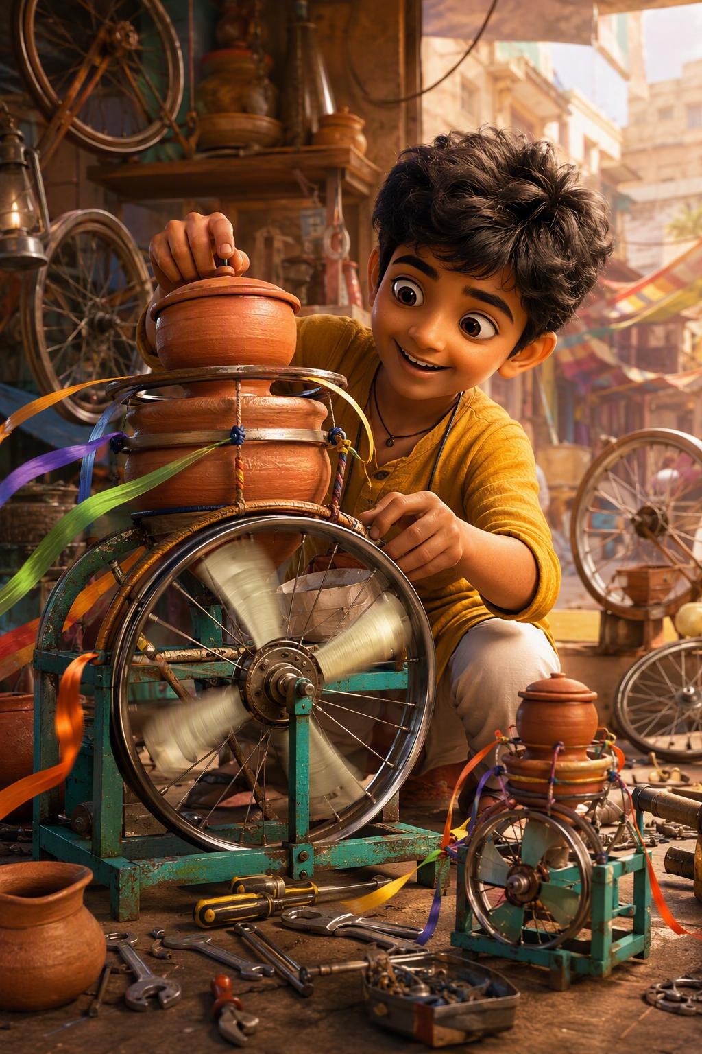 Illustration for Little Inventor, featuring a young Indian child as an inventor.