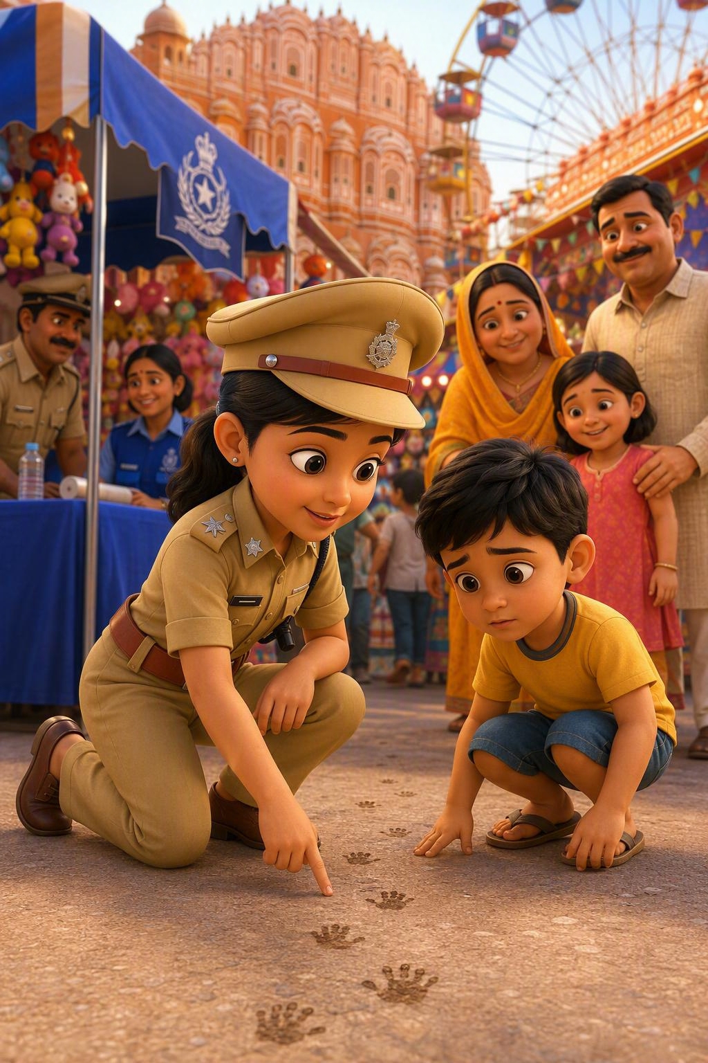 Illustration for Little Police Officer, featuring a young Indian child as a police officer.