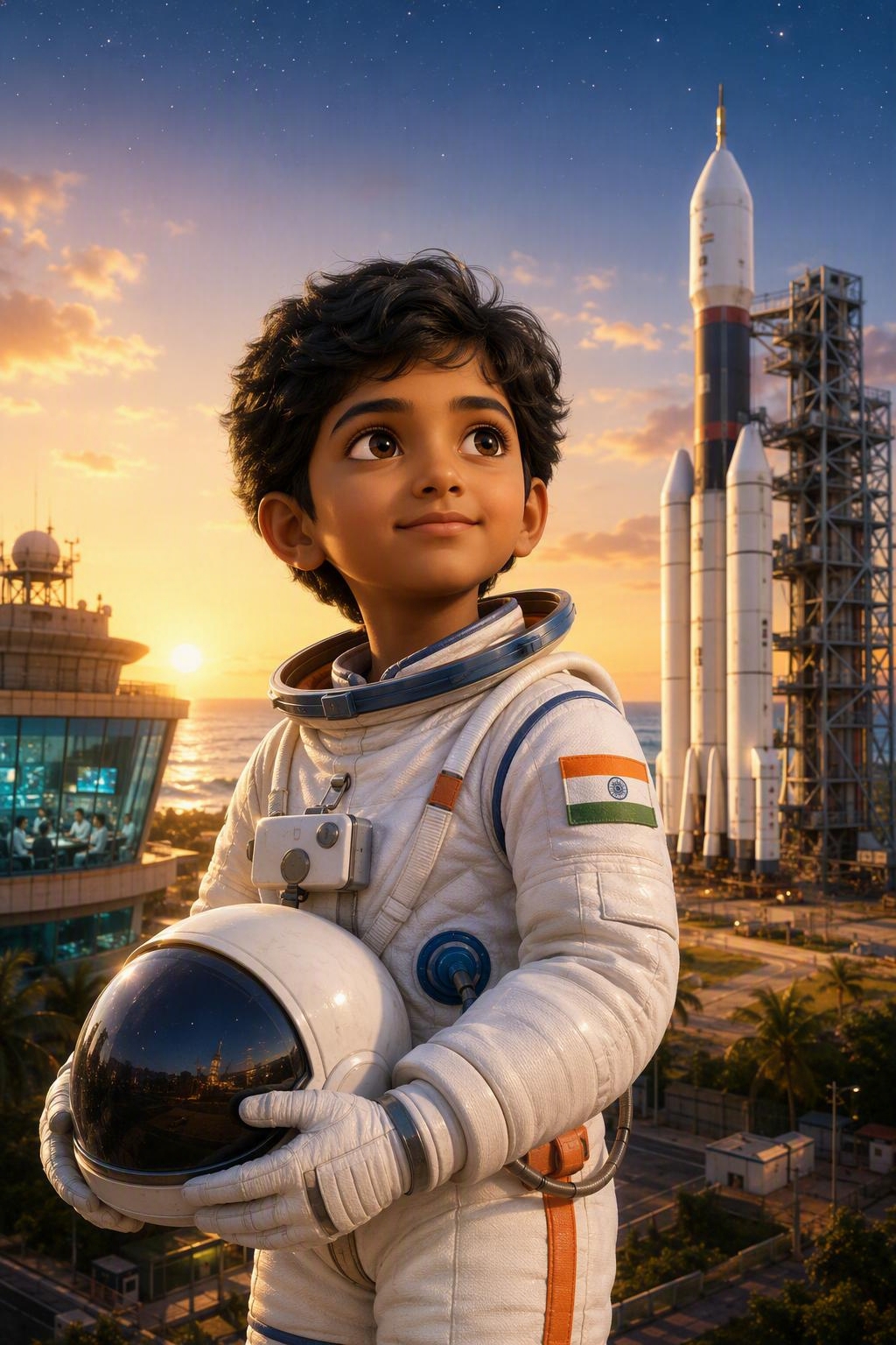 Illustration for Little Astronaut, featuring a young Indian child as an astronaut.